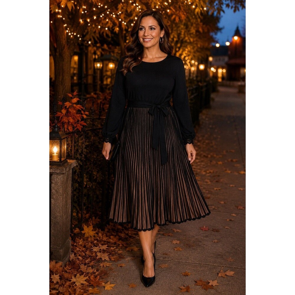 Spense XL Black Bronze Pleated Sweater Dress Belted Long Sleeve Lace Trim A-Line